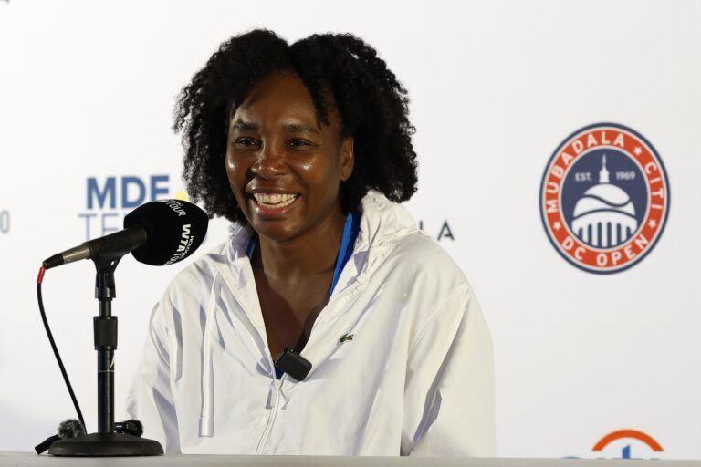 Venus Williams (USA) speaks to the media after her match against Magdalena Frech (POL)(not pictured) in a women's singles match on day four of the Mubadala Citi DC Open at Rock Creek Park Tennis Center.