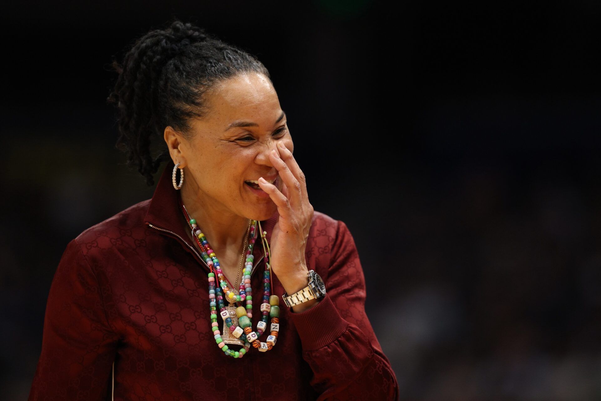 South Carolina Gamecocks head coach Dawn Staley reacts during the second quarter in a semifinal of the women's 2025 NCAA tournament against the Texas Longhorns at Amalie Arena.