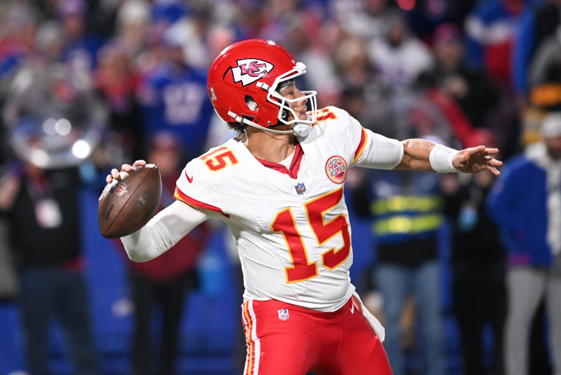 Kansas City Chiefs quarterback Patrick Mahomes (15) throws a pass in the second quarter against the Buffalo Bills at Highmark Stadium.