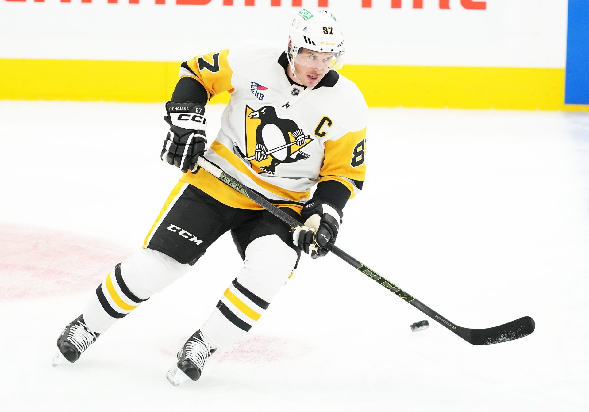 Pittsburgh Penguins center Sidney Crosby (87) skates during the warmup before a game against the Toronto Maple Leafs at Scotiabank Arena.
