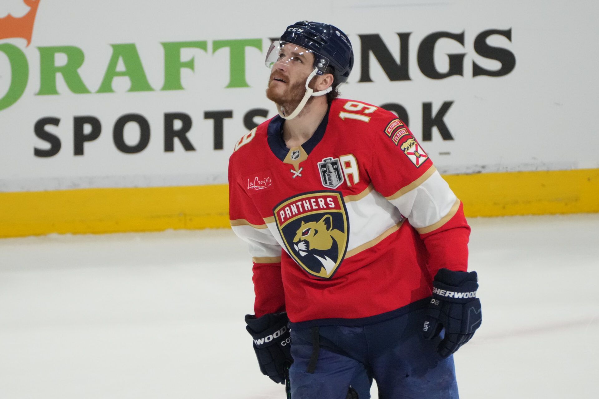 Florida Panthers forward Matthew Tkachuk (19) celebrates scoring during the first period against the Edmonton Oilers in game four of the 2025 Stanley Cup Final at Amerant Bank Arena.