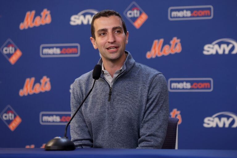 New York Mets president of baseball operations David Stearns speaks to the media about the MLB trade deadline before a game against the Minnesota Twins at Citi Field.