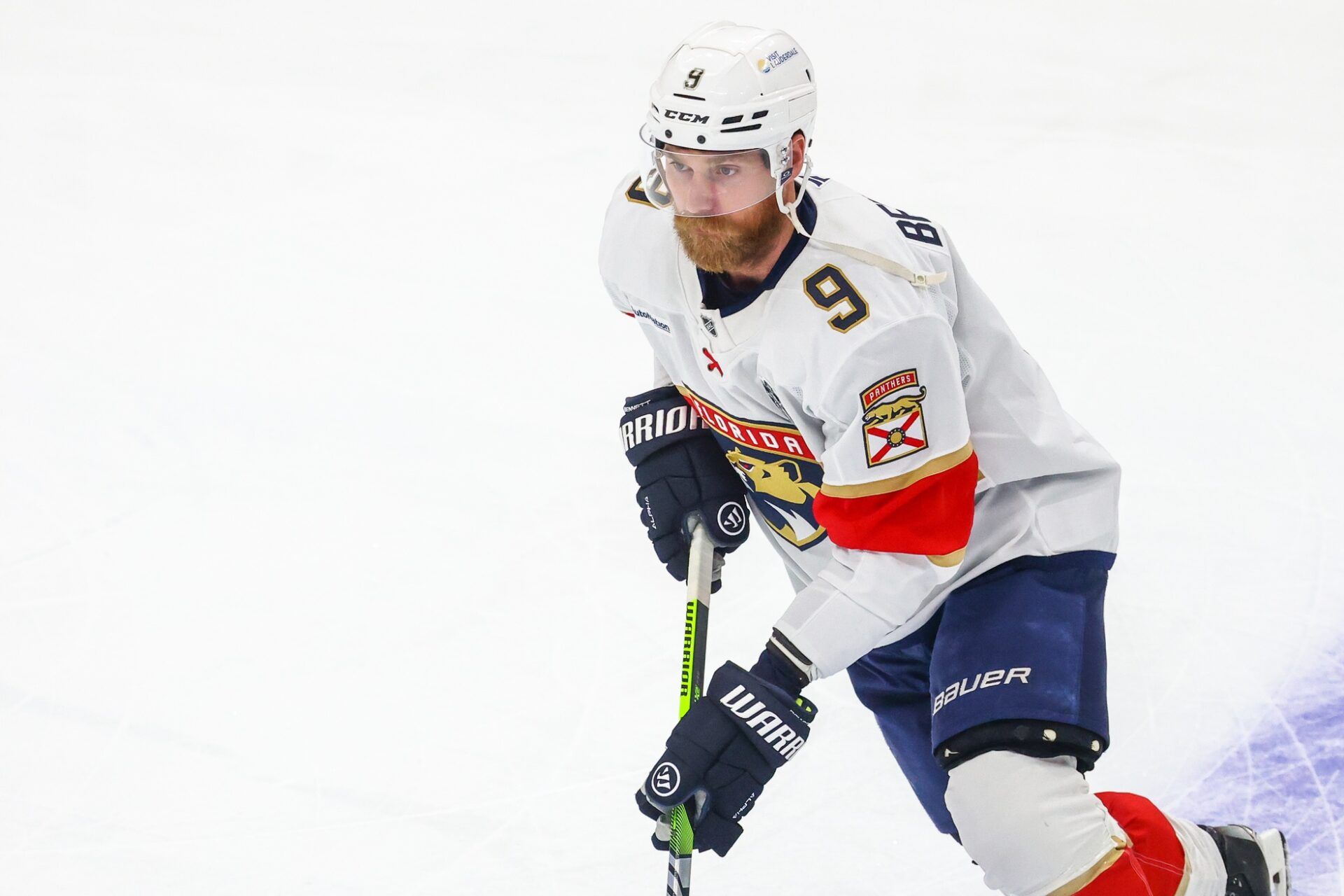 Florida Panthers center Sam Bennett (9) skates during the warmup period against the Edmonton Oilers in game five of the 2025 Stanley Cup Final at Rogers Place.