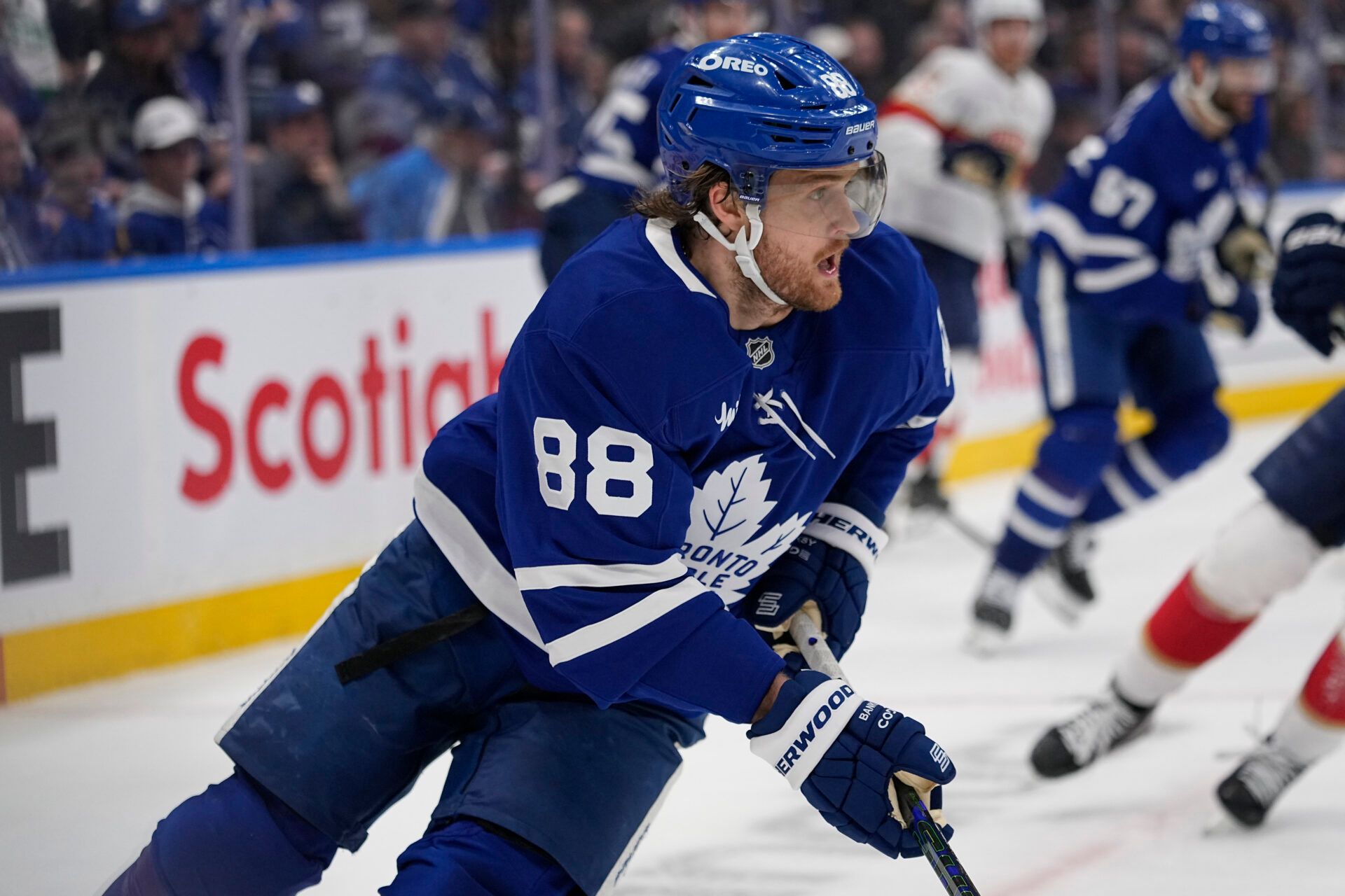 Toronto Maple Leafs forward William Nylander (88) carries the puck against the Florida Panthers during the second period of the second round of the 2025 Stanley Cup Playoffs at Scotiabank Arena.