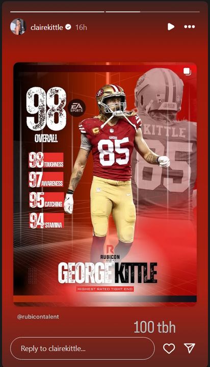 San Francisco 49ers tight end received high marks from "Madden NFL 26" but his wife Claire had her own thoughts.