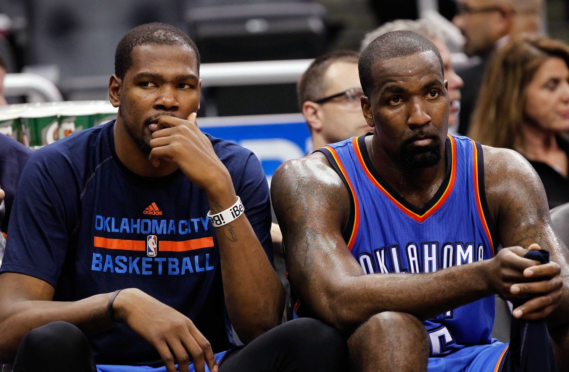 Oklahoma City Thunder forward Kevin Durant (35) and center Kendrick Perkins (5) look on from the bench against the Orlando Magic during the second half at Amway Center. Oklahoma City Thunder defeated the Orlando Magic 127-99.