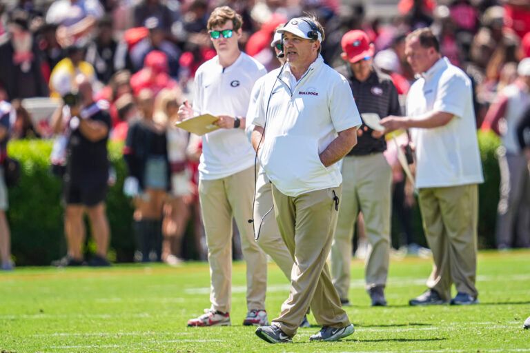 Georgia Bulldogs head coach Kirby Smart shown during the Georgia Spring game at Sanford Stadium.