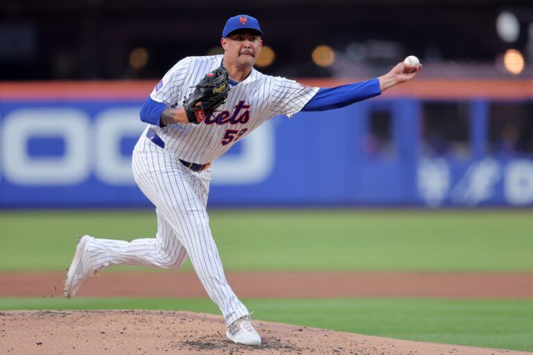 New York Mets starting pitcher Sean Manaea (59) pitches against the Cleveland Guardians during the third inning at Citi Field.