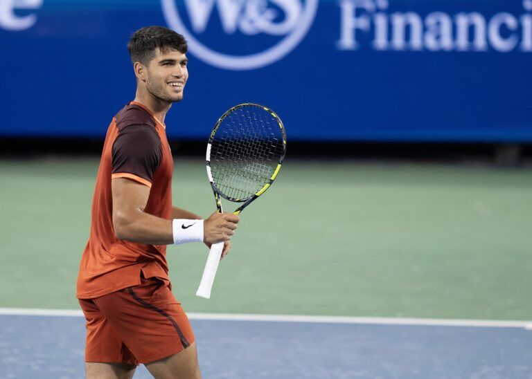 Carlos Alcaraz of Spain reacts to a point during his match against Gael Monfils of France on day four of the Cincinnati Open.