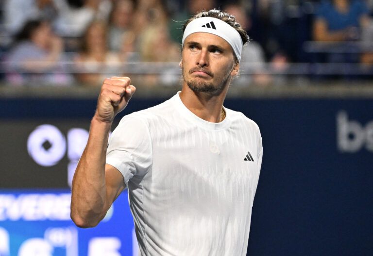 Alexander Zverev (GER) celebrates after winning a set against Alexei Popyrin (AUS) during quarterfinal play at Sobeys Stadium.