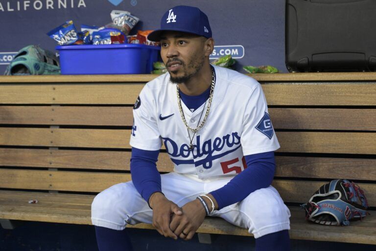 Los Angeles Dodgers shortstop Mookie Betts (50) in the dugout prior to the first inning of the game against the Minnesota Twins at Dodger Stadium.