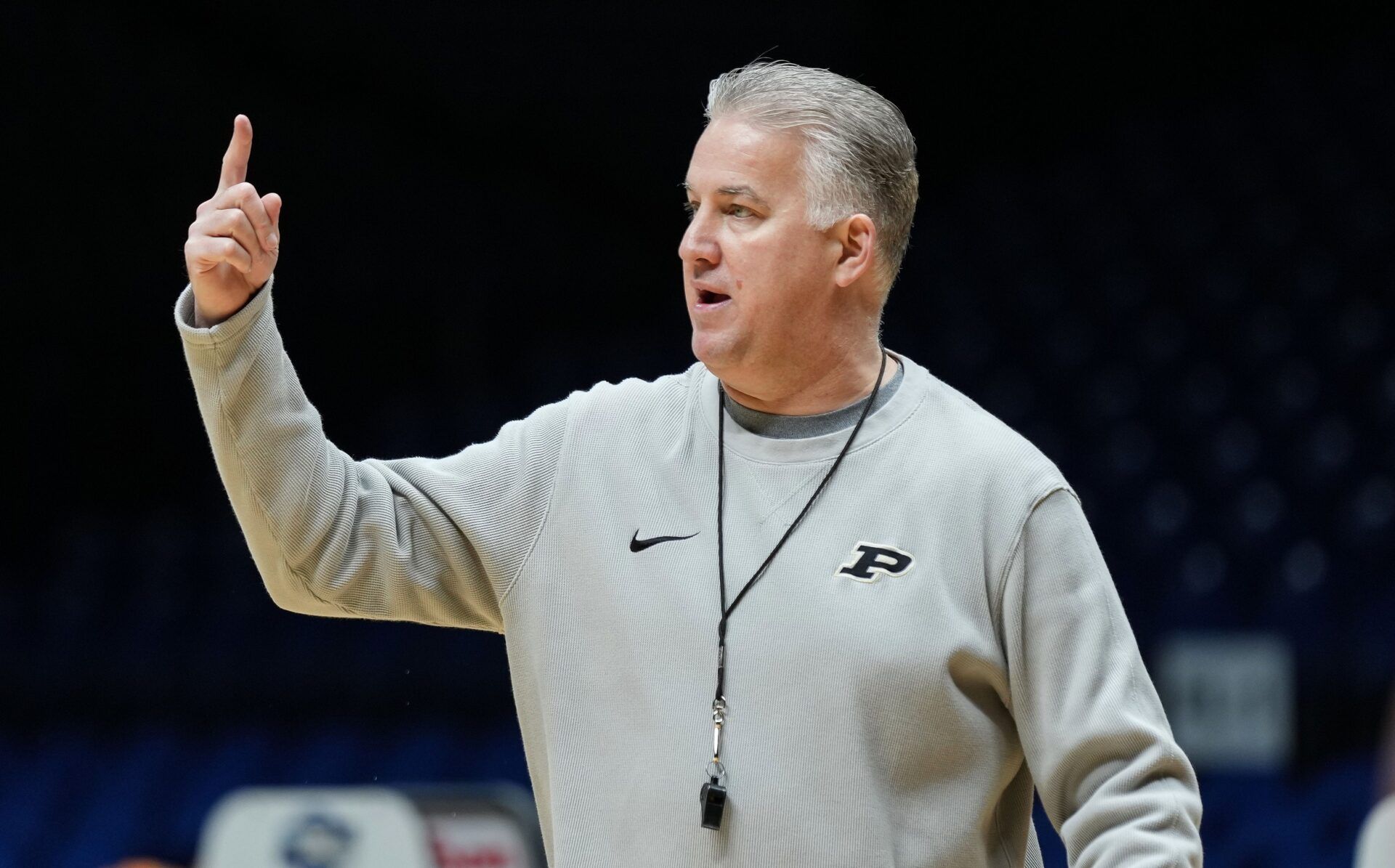 Purdue Boilermakers head coach Matt Painter talks to players Thursday, March 27, 2025, during practice ahead of the Sweet 16 March Madness tournament game against the Houston Cougars at Lucas Oil Stadium in Indianapolis.