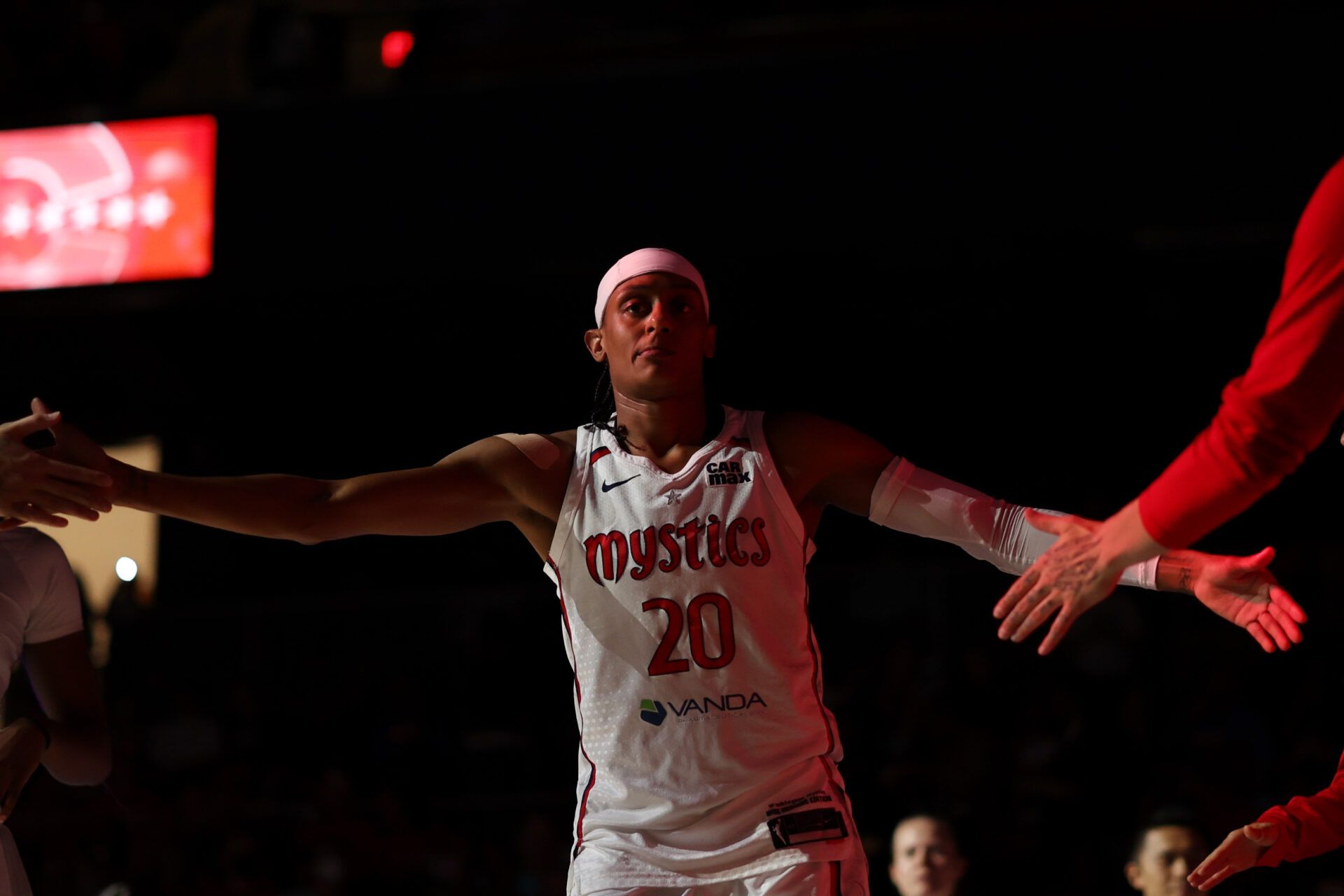Washington Mystics guard Brittney Sykes (20) is introduced prior to the mystics' game against the Golden State Valkyries at CareFirst Arena.