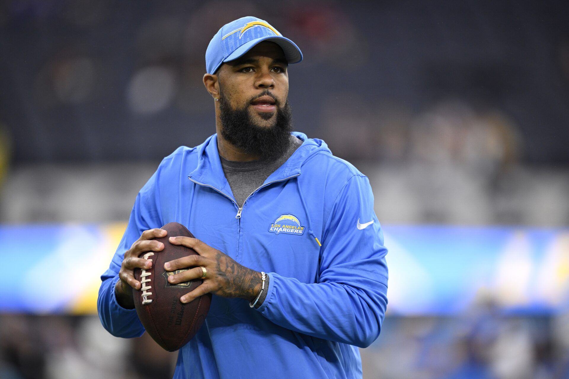 Los Angeles Chargers wide receiver Keenan Allen (13) looks on before the game against the New Orleans Saints at SoFi Stadium.