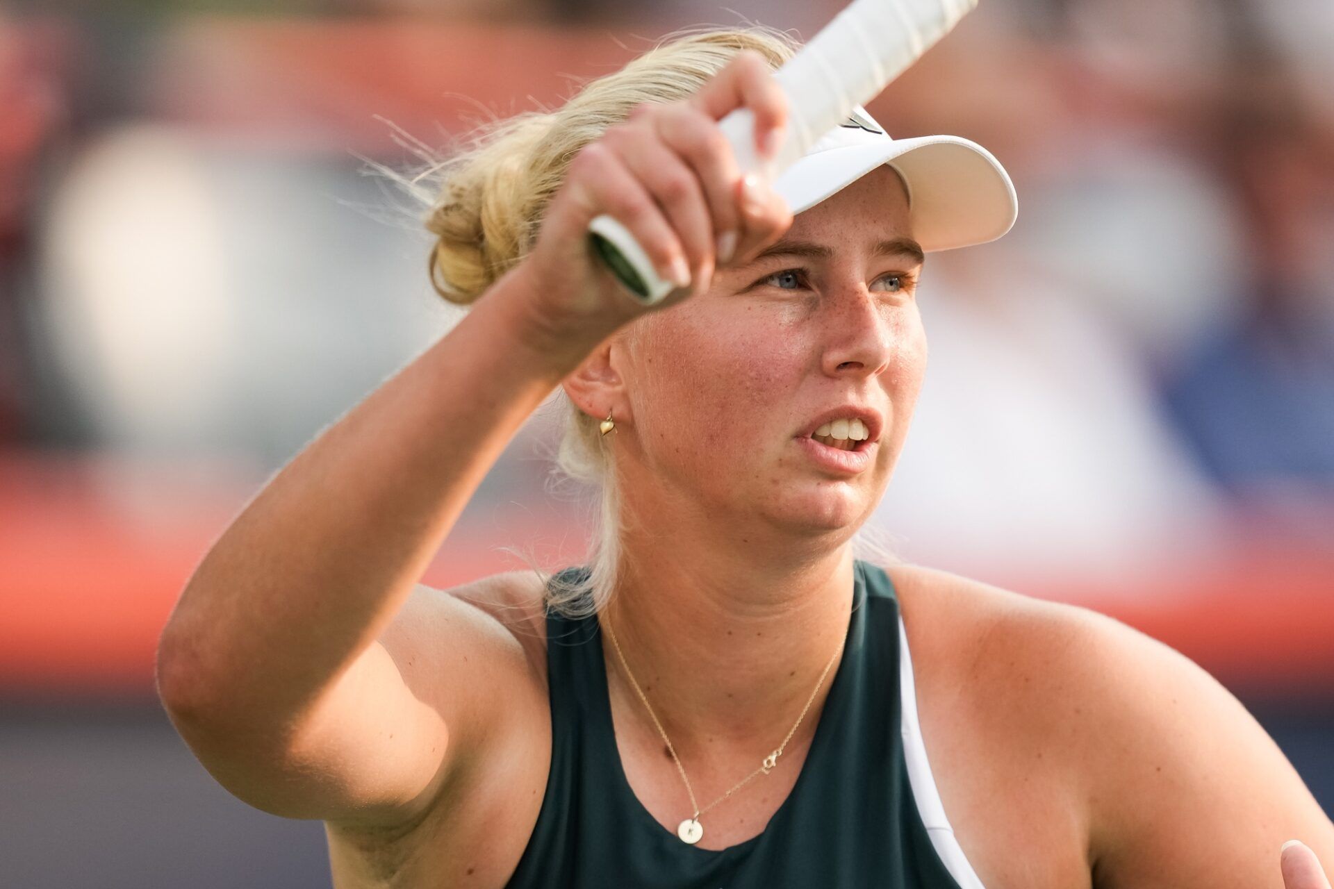 Clara Tauson (DEN) looks on against Madison Keys (USA) in quarterfinal play at IGA Stadium.