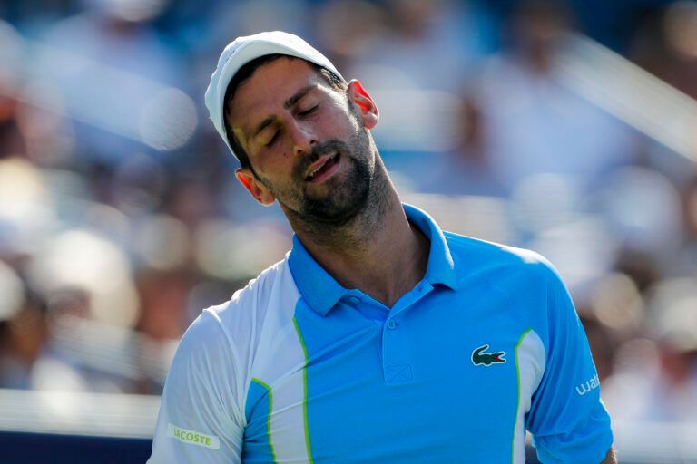 Novak Djokovic (SRB) reacts after a play against Carlos Alcaraz (ESP) during the menÕs singles final of the cincinnati open tennis tournament at Lindner Family Tennis Center.