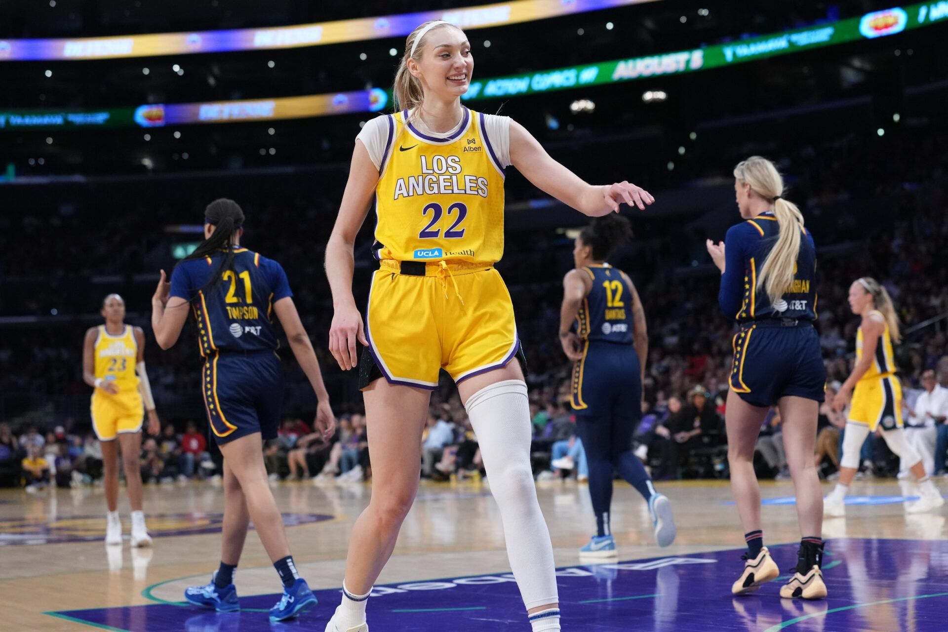 LA Sparks forward Cameron Brink (22) smiles after scoring in the first half against the Indiana Fever at Crypto.com Arena.