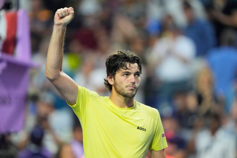 Taylor Fritz (USA) hits celebrates his win over Andrey Rublev (not pictured) during quarterfinals at Sobeys Stadium.