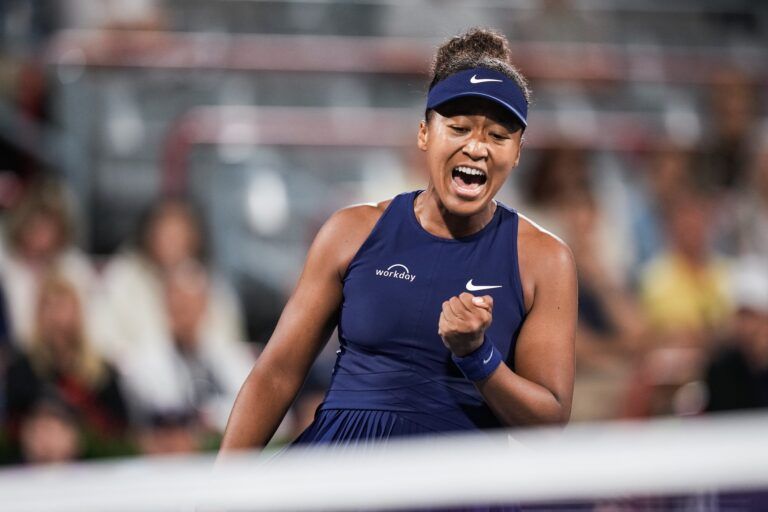 Naomi Osaka (JPN) reacts after winning a point against Elina Svitolina (UKR) in quarterfinal play at IGA Stadium.