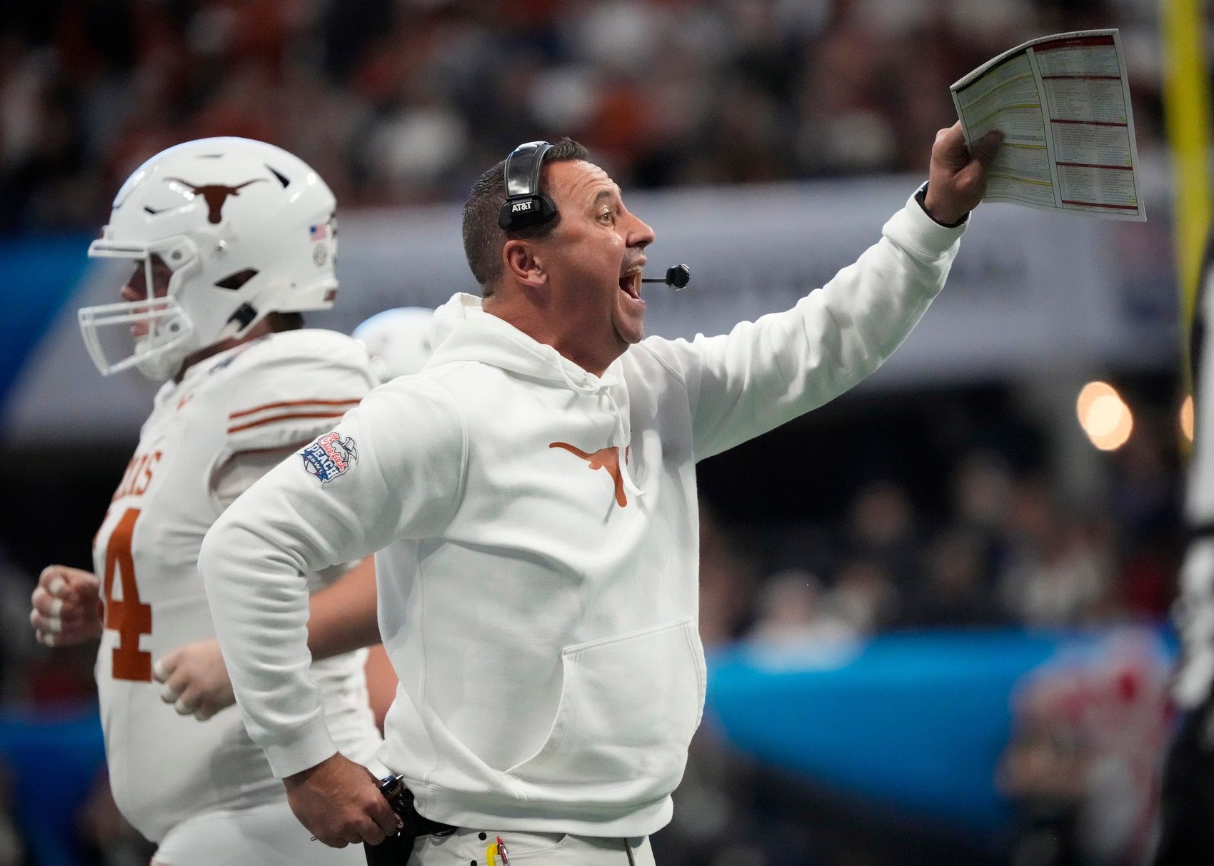 Texas head coach Steve Sarkisian directs his player against Arizona State during the second quarter of the Chick-fil-A Peach Bowl in Atlanta on Wednesday, Jan. 1, 2025. IMAGN