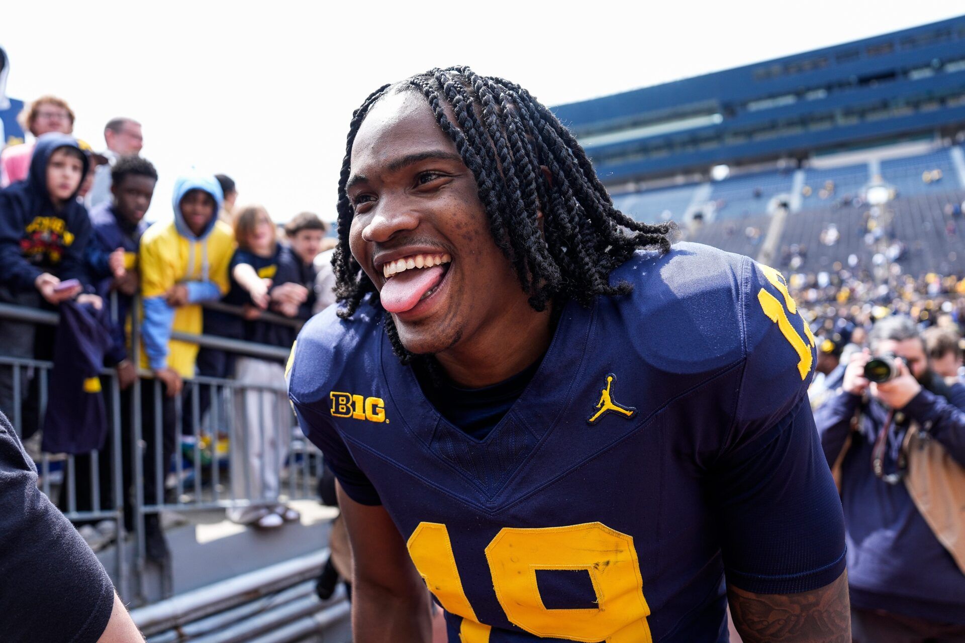 Michigan quarterback Bryce Underwood (19) walks up the tunnel after the spring game at Michigan Stadium in Ann Arbor on Saturday, April 19, 2025.