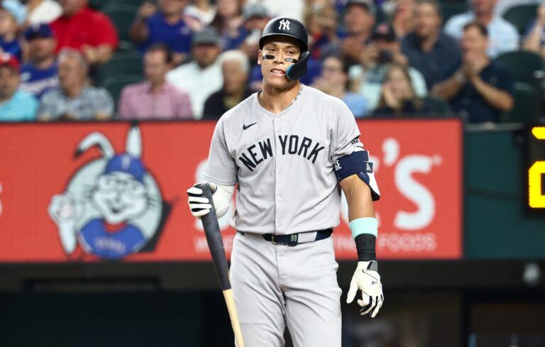 New York Yankees designated hitter Aaron Judge (99) reacts after striking out during the first inning against the Texas Rangers at Globe Life Field.