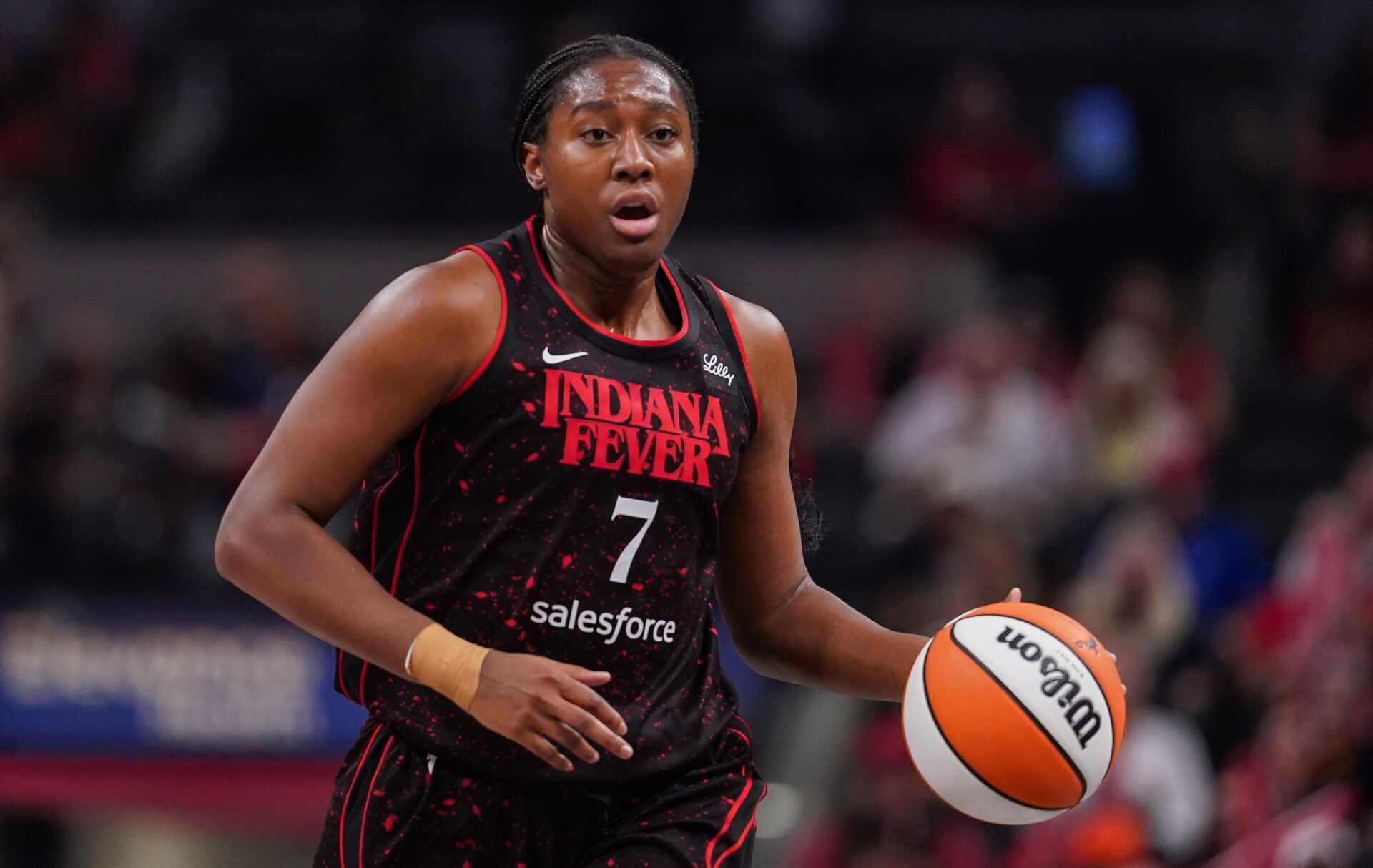 Indiana Fever forward Aliyah Boston (7) rushes up the court Wednesday, July 30, 2025, during the game at Gainbridge Fieldhouse in Indianapolis. The Indiana Fever defeated the Phoenix Mercury, 107-101.