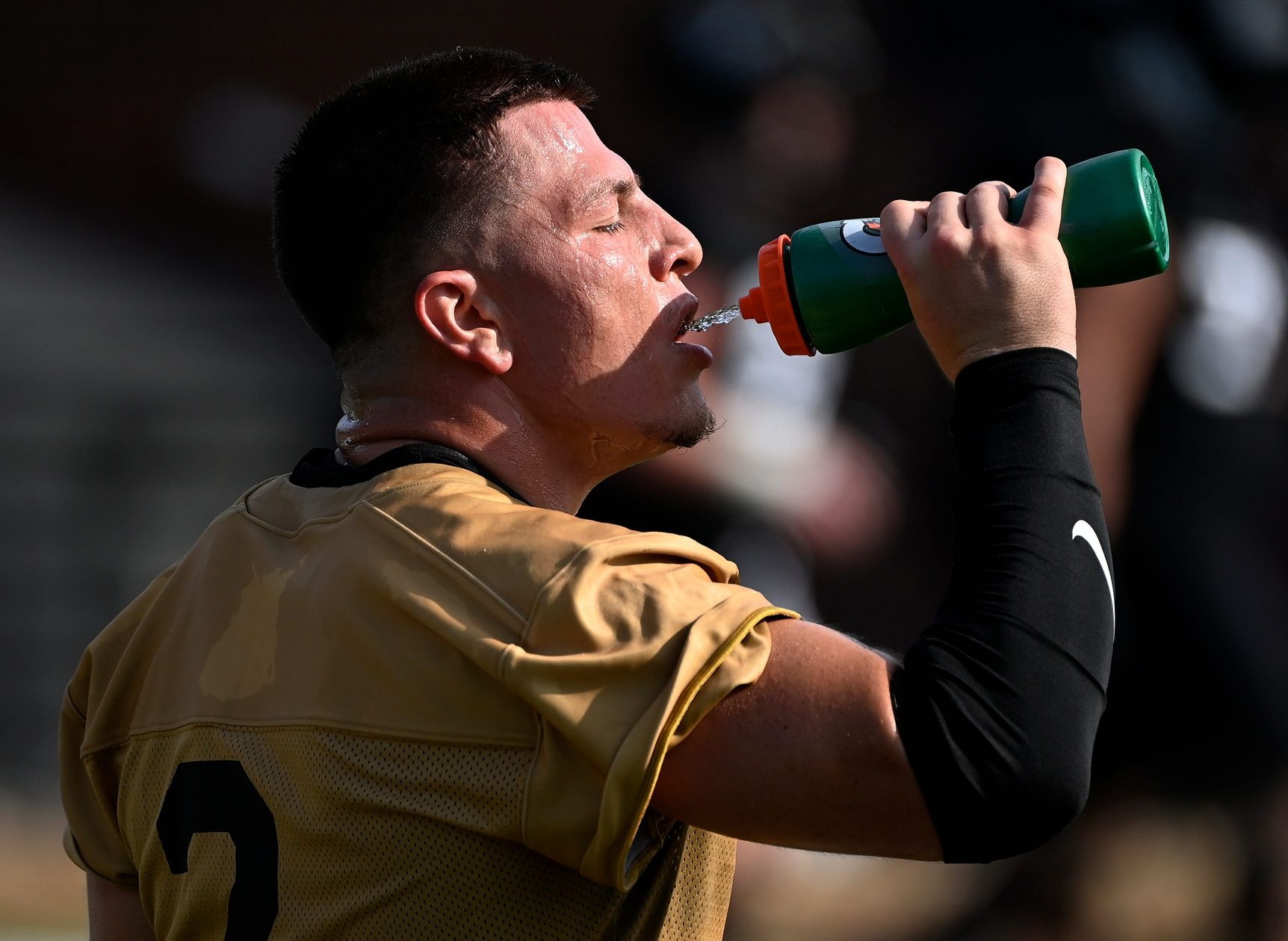 Vanderbilt quarterback Diego Pavia (2) takes a drink during fall practice Wednesday, July 30, 2025, in Nashville, Tenn.