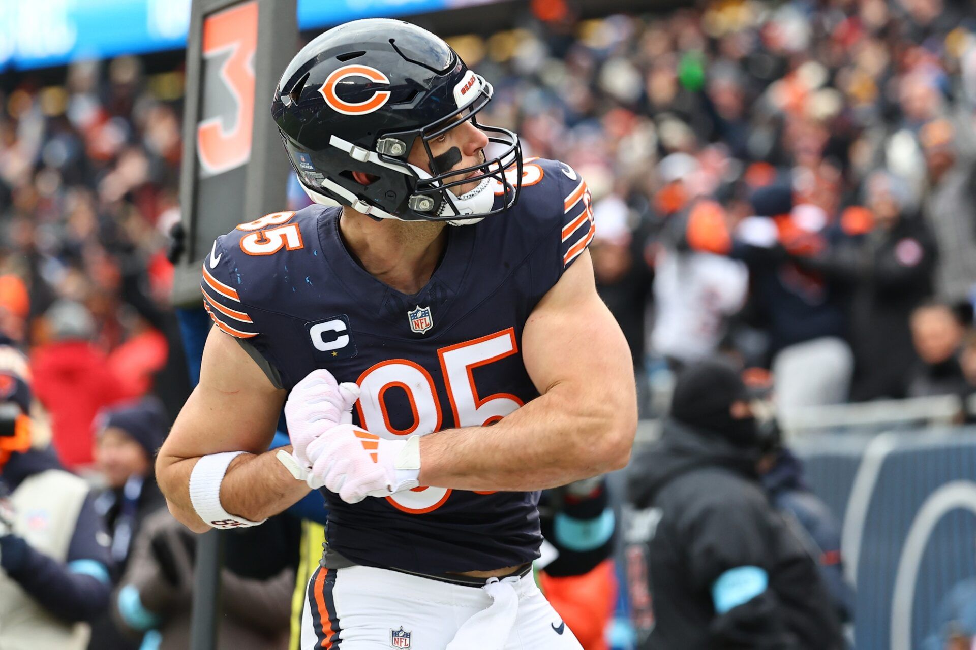 Chicago Bears tight end Cole Kmet (85) reacts after making a touchdown catch against the Detroit Lions during the second quarter at Soldier Field.