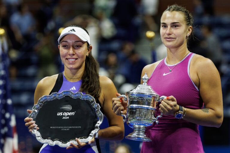 Aryna Sabalenka of Belarus and Jessica Pegula of the United States pose with their trophies after the final of the women’s singles on day thirteen of the U.S. Open tennis tournament at the USTA Billie Jean King National Tennis Center.