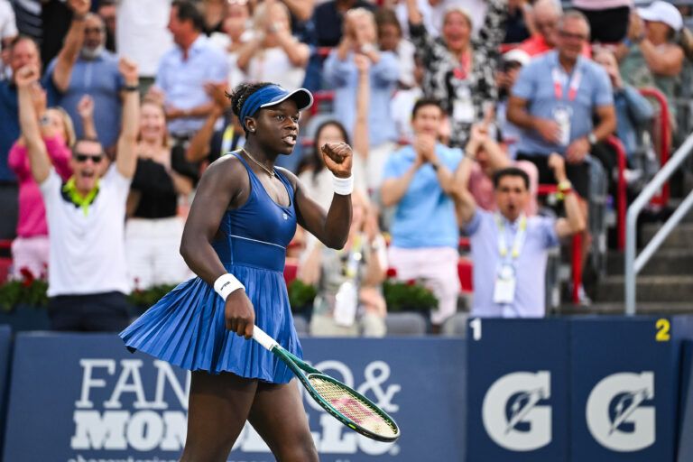 Victoria Mboko (CAN) reacts after winning the second set against Elena Rybakina (KAZ) in semifinal play at IGA Stadium.
