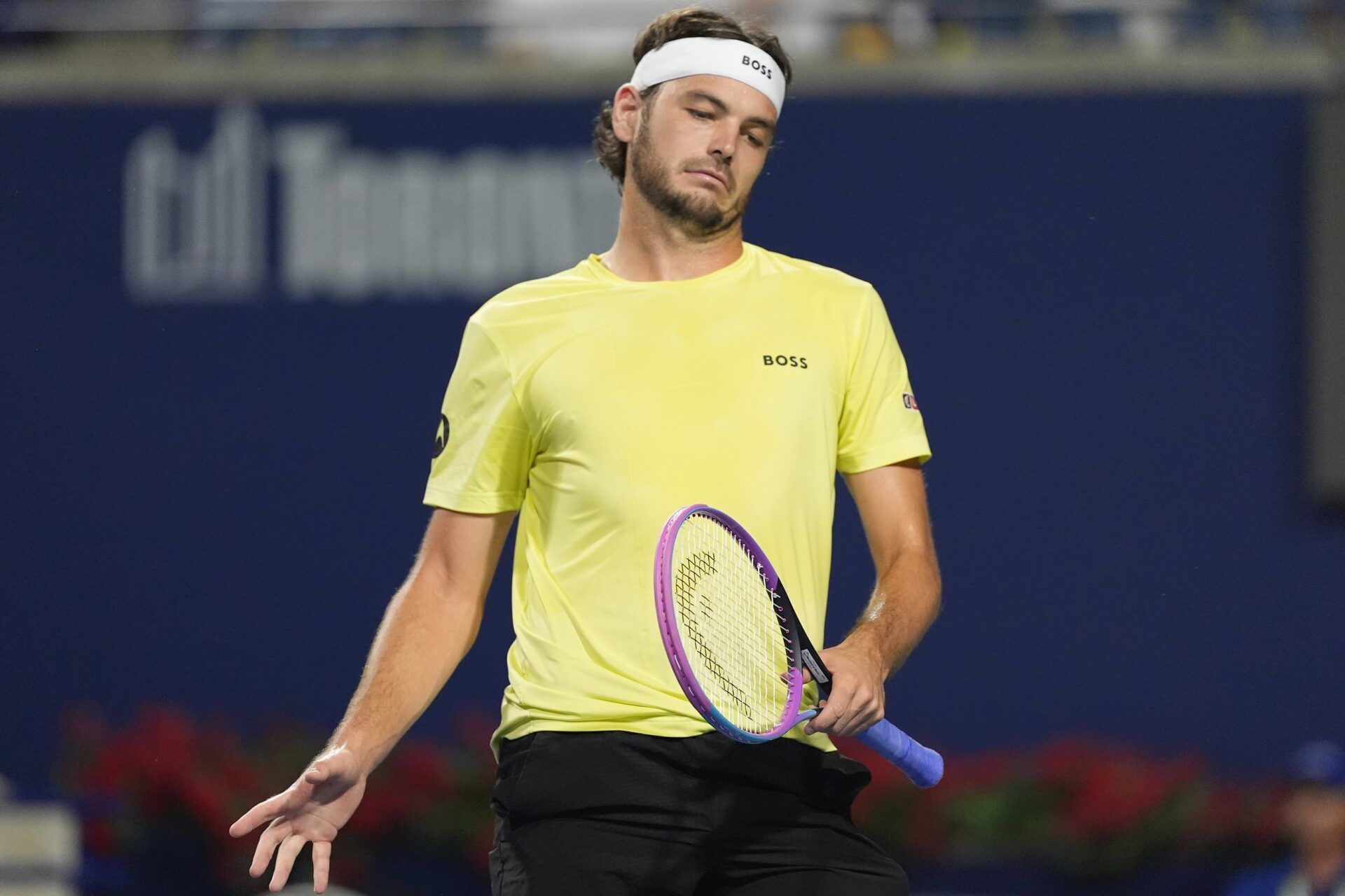 Taylor Fritz (USA) reacts after losing a point to Ben Shelton (not pictured) during semifinals at Sobeys Stadium.