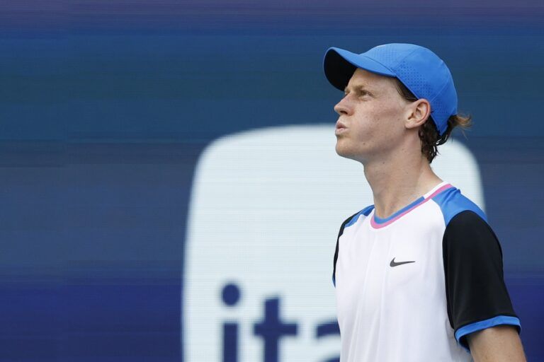Jannik Sinner (ITA) reacts after missing a shot against Tomas Machac (CZE) (not pictured) on day ten of the Miami Open at Hard Rock Stadium.