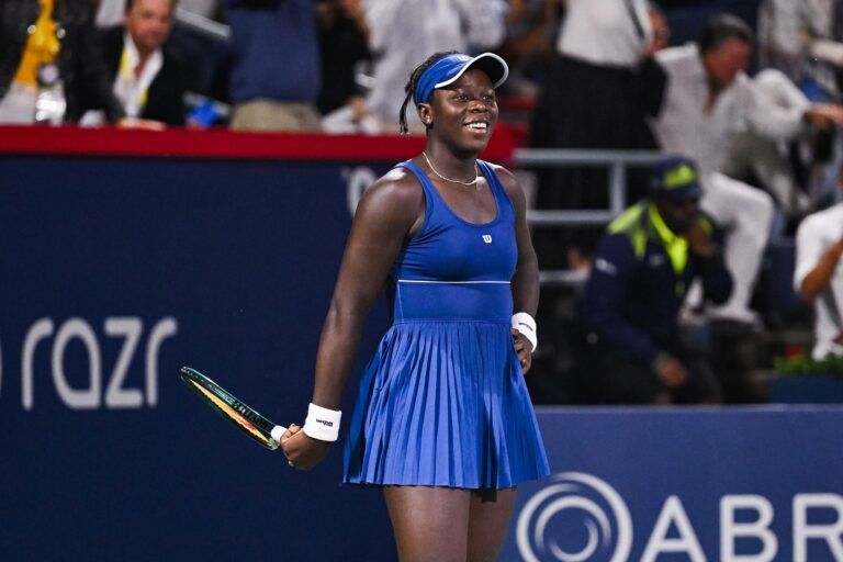 Victoria Mboko (CAN) reacts after her quarterfinal win against Jessica Bouzas Maneiro (ESP) at IGA Stadium.