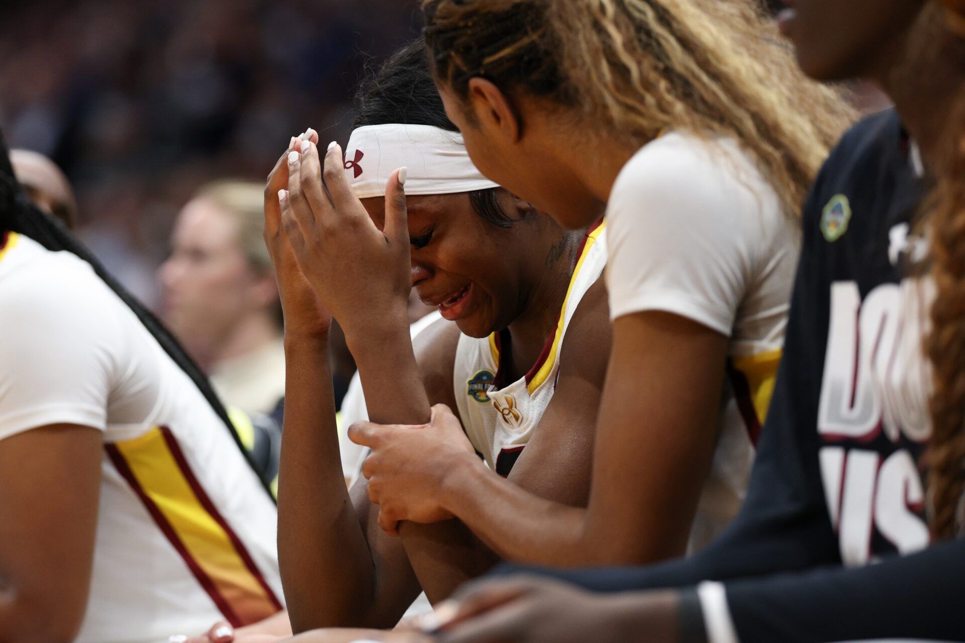 South Carolina Gamecocks guard Raven Johnson (25) cries on the bench during the second half against the Connecticut Huskies of the national championship of the women's 2025 NCAA tournament at Amalie Arena.