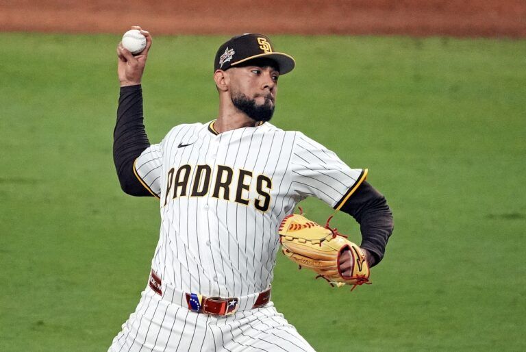 National League pitcher Robert Suarez (75) of the San Diego Padres pitches during the ninth inning during the 2025 MLB All Star Game at Truist Park.