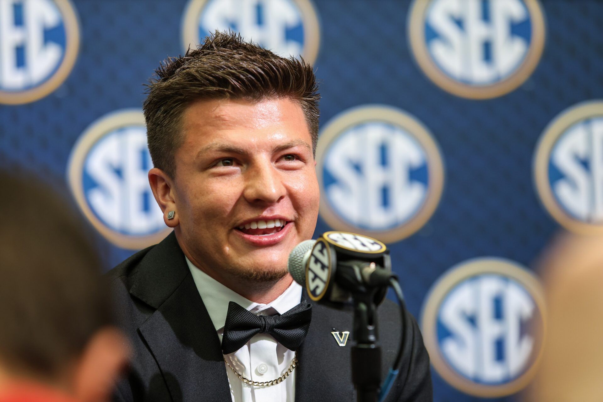Vanderbilt Commodores quarterback Diego Pavia answers media day questions during SEC Media Day at Omni Atlanta Hotel.