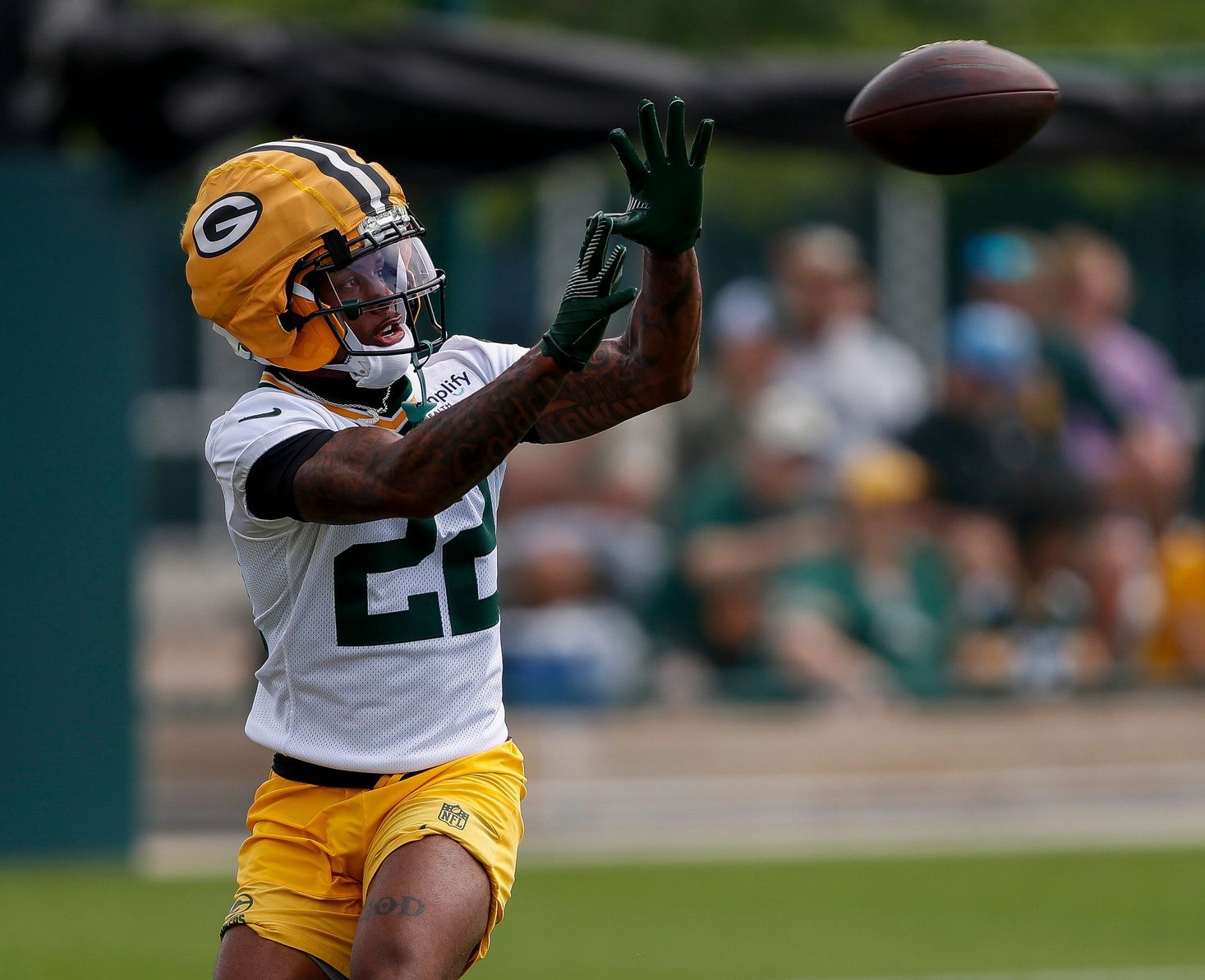 Matthew Golden catches a pass at Packers training camp.
