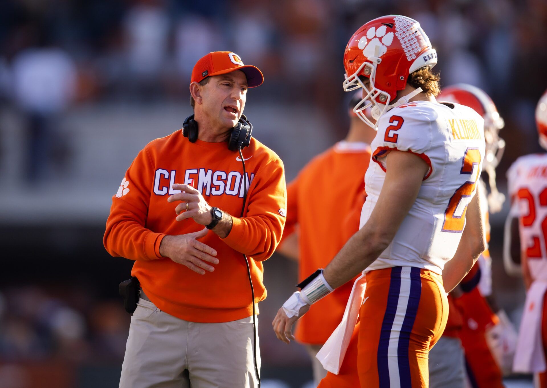 Clemson Tigers head coach Dabo Swinney with quarterback Cade Klubnik (2) against the Texas Longhorns during the first half of the CFP National playoff first round at Darrell K Royal-Texas Memorial Stadium.