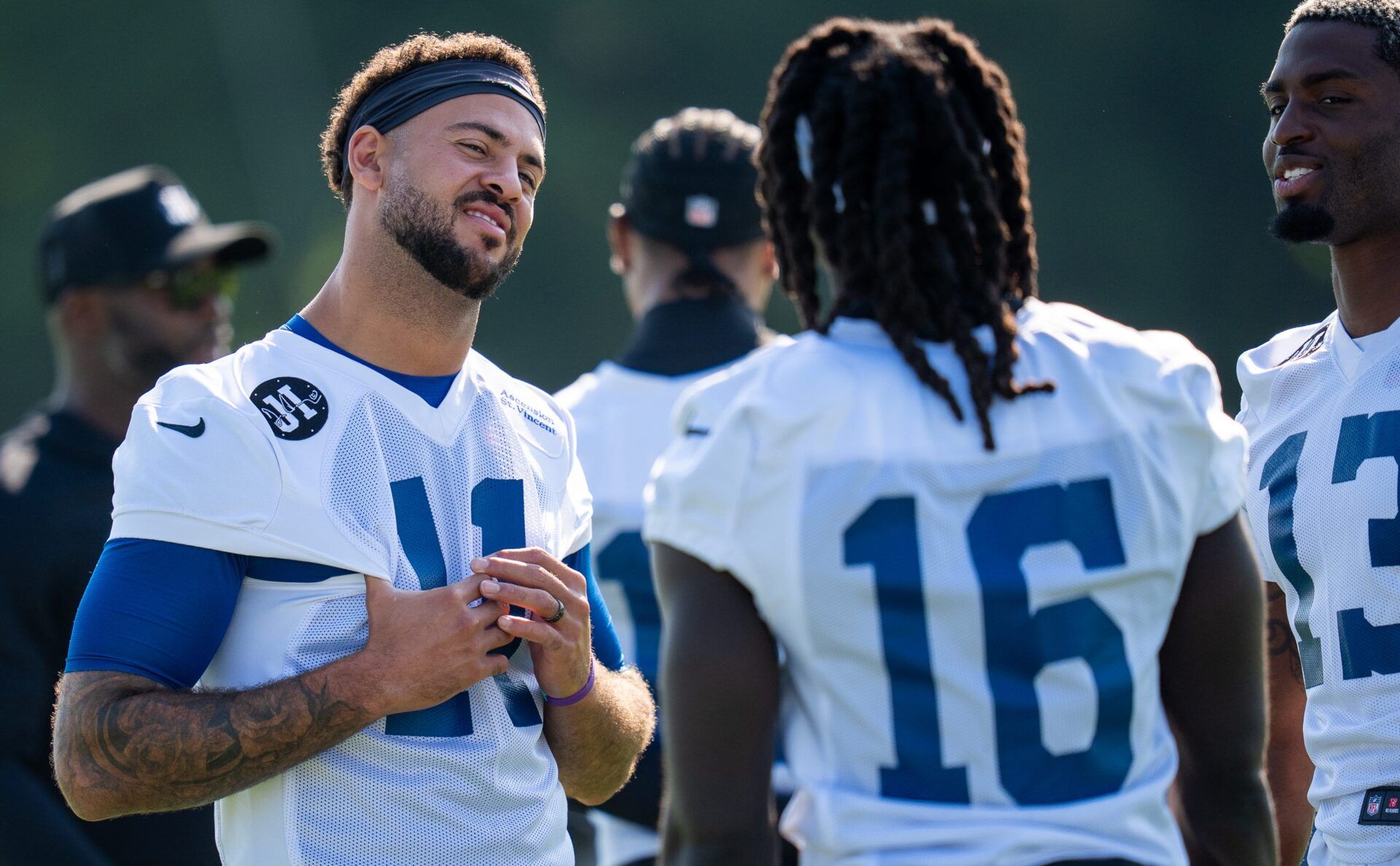 Indianapolis Colts wide receiver Michael Pittman Jr. (11), and other players, wears a Jim Irsay patch Wednesday, July 23, 2025, on his jersey during the first day of training camp held at Grand Park in Westfield.