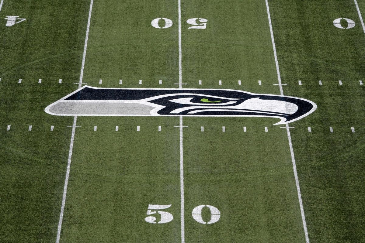 General overall view of Seattle Seahawks logo at CenturyLink Field during a NFL football game against the Kansas City Chiefs.