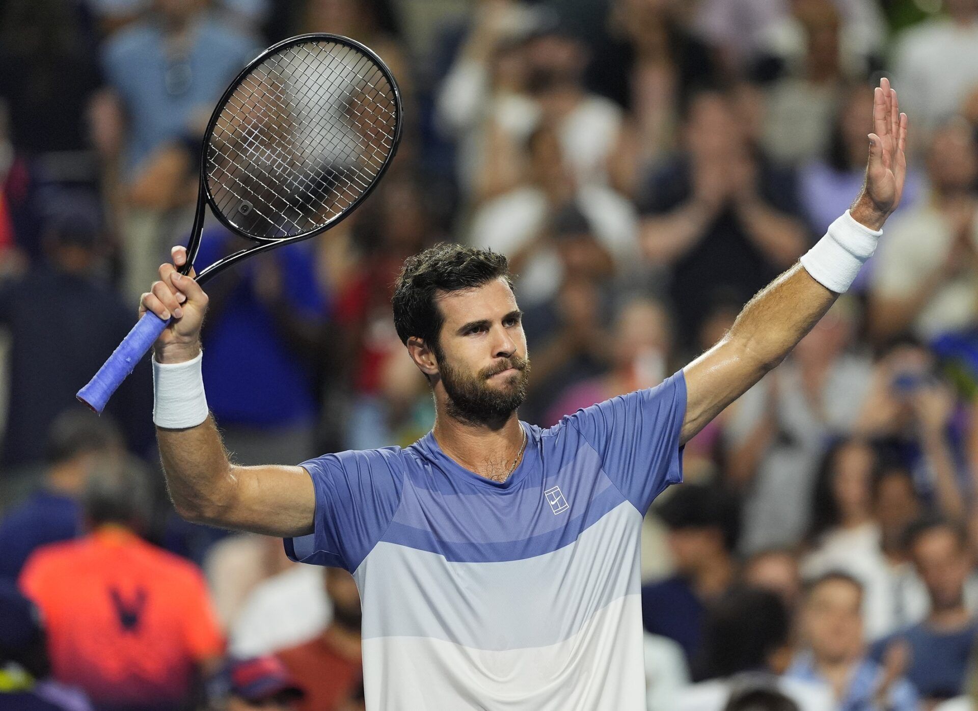 Karen Khachanov celebrates his match win Alexander Zverev (not pictured) in the semifinals at Sobeys Stadium.