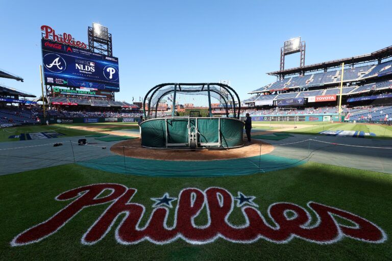 A view of the Phillies logo painted on the field before game three of the NLDS for the 2023 MLB playoffs between the Philadelphia Phillies and the Atlanta Braves at Citizens Bank Park.