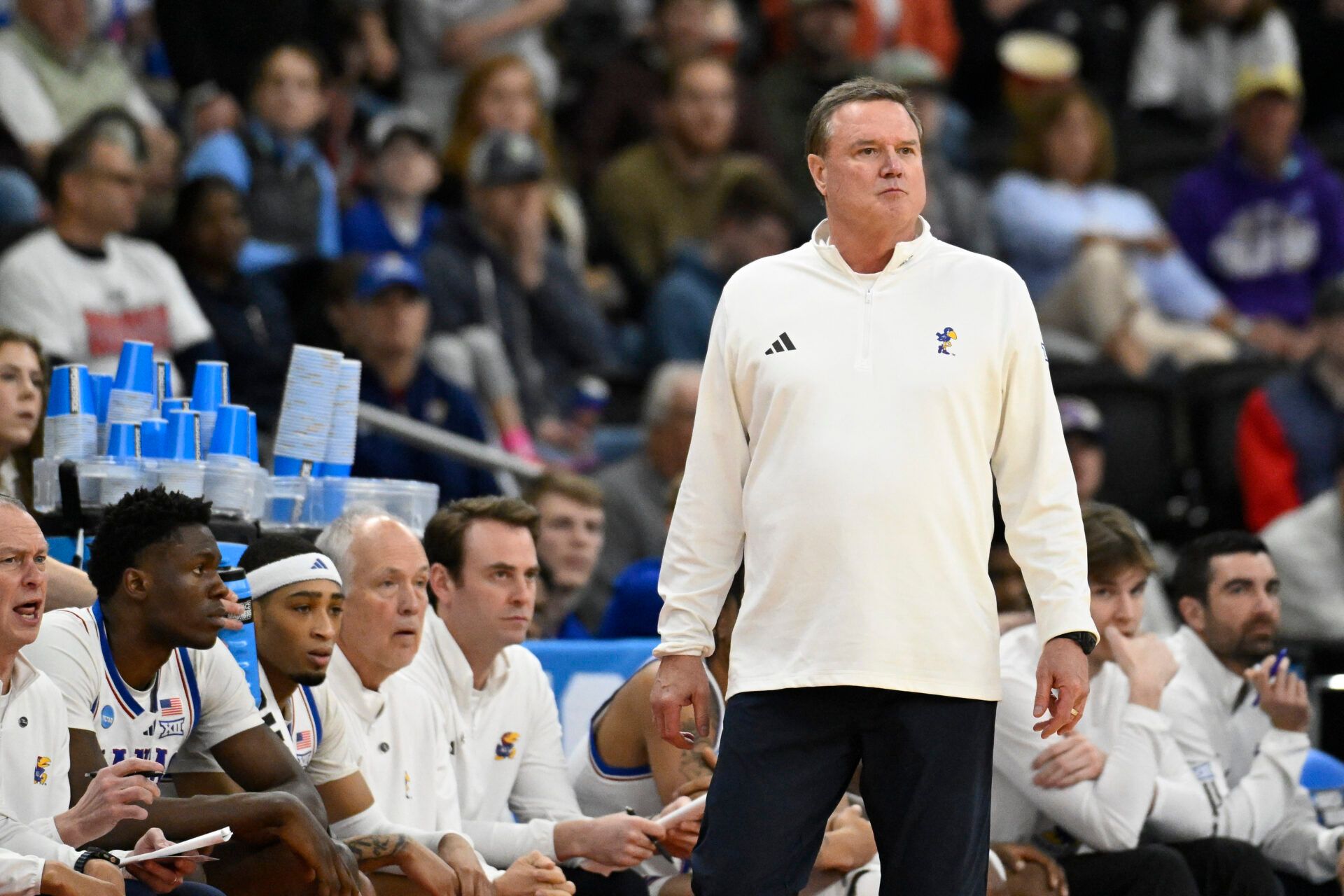 Kansas Jayhawks head coach Bill Self looks on during the first half against the Arkansas Razorbacks at Amica Mutual Pavilion.