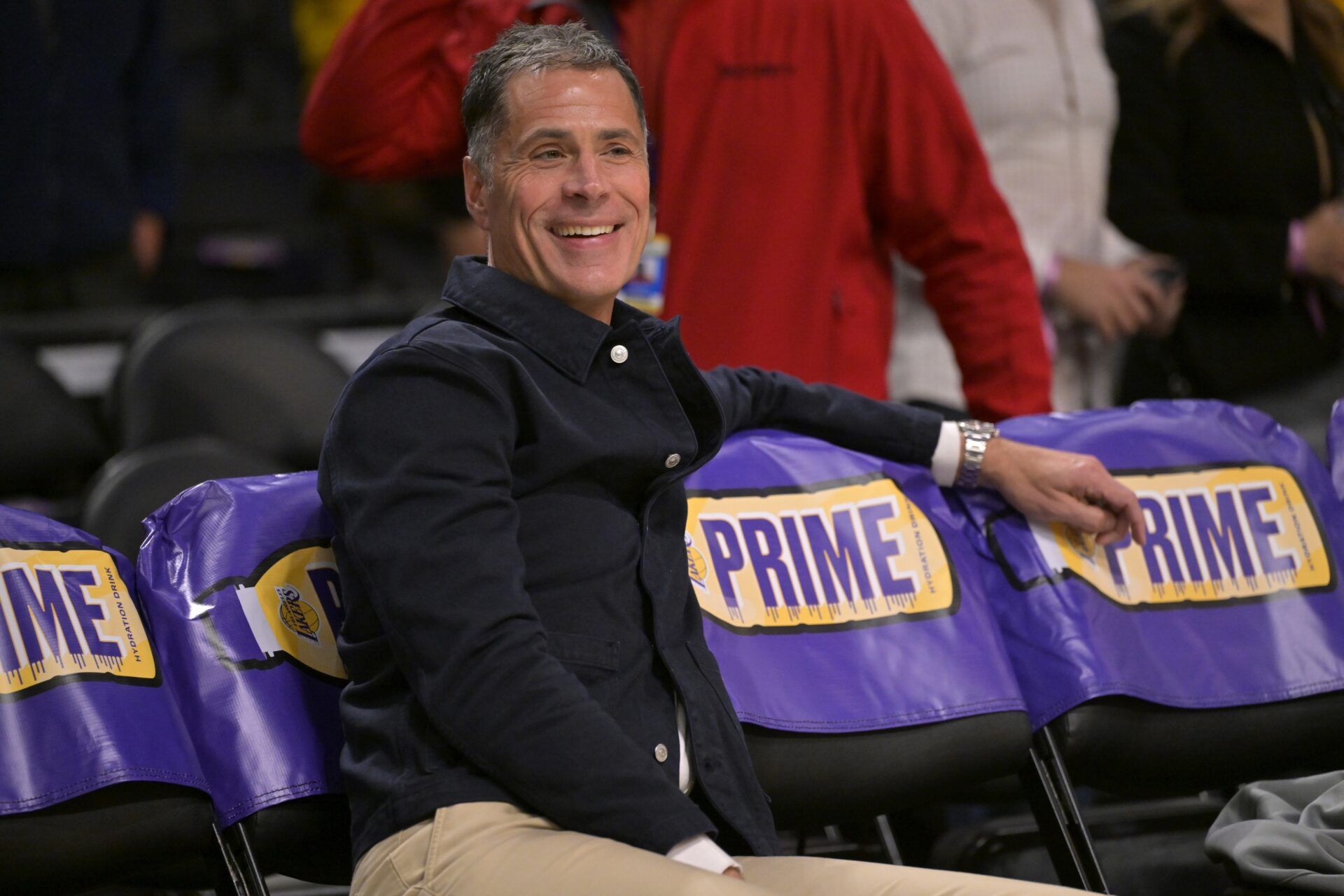 Los Angeles Lakers general manager Rob Pelinka looks on as players warm up prior to the game against the Orlando Magic at Crypto.com Arena.
