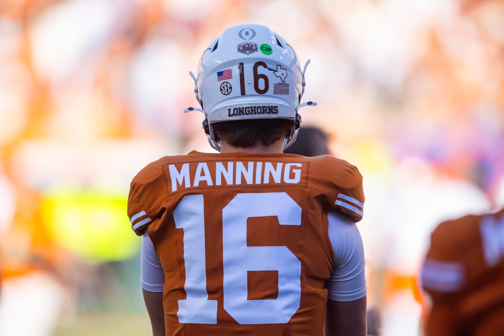 Detailed view of the jersey of Texas Longhorns quarterback Arch Manning (16) against the Clemson Tigers during the CFP National playoff first round at Darrell K Royal-Texas Memorial Stadium.
