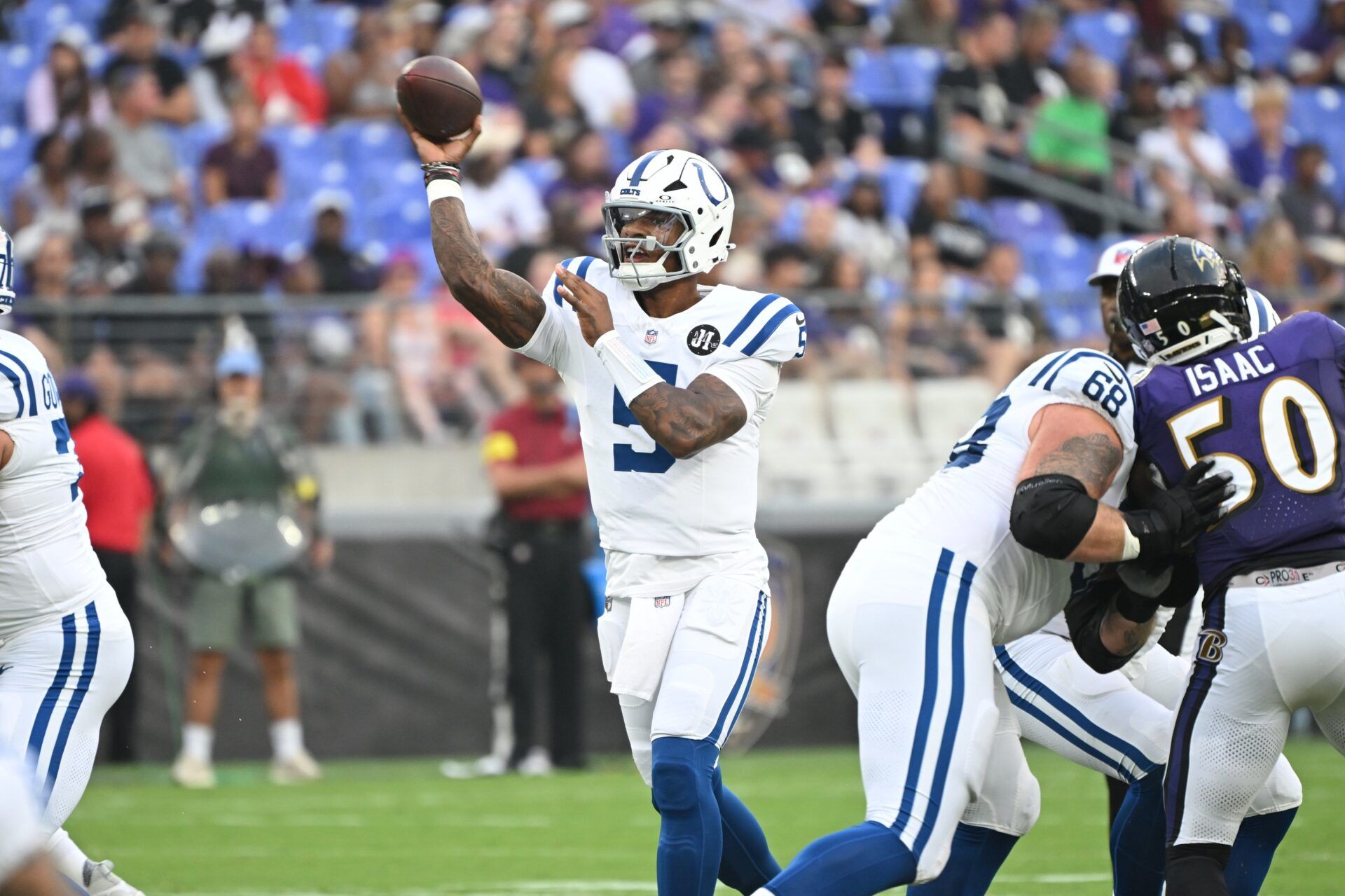 Indianapolis Colts quarterback Anthony Richardson Sr. (5) attempts a pass against the Baltimore Ravens during the first quarter at M&T Bank Stadium.