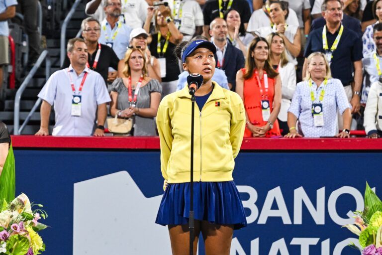 Runner up Naomi Osaka (JPN) adresses the crowd after her loss against Victoria Mboko (CAN) at IGA Stadium.