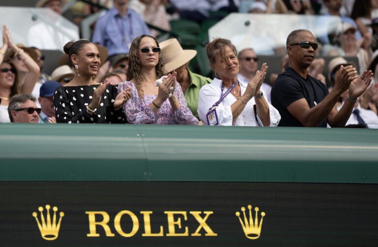 Trinity Rodman, Emma Shelton, Lisa Shelton and Bryan Shelton in attendance for the Ben Shelton of the United States (not pictured) and Jannik Sinner of Italy (not pictured) match on day 10 at All England Lawn Tennis and Croquet Club.