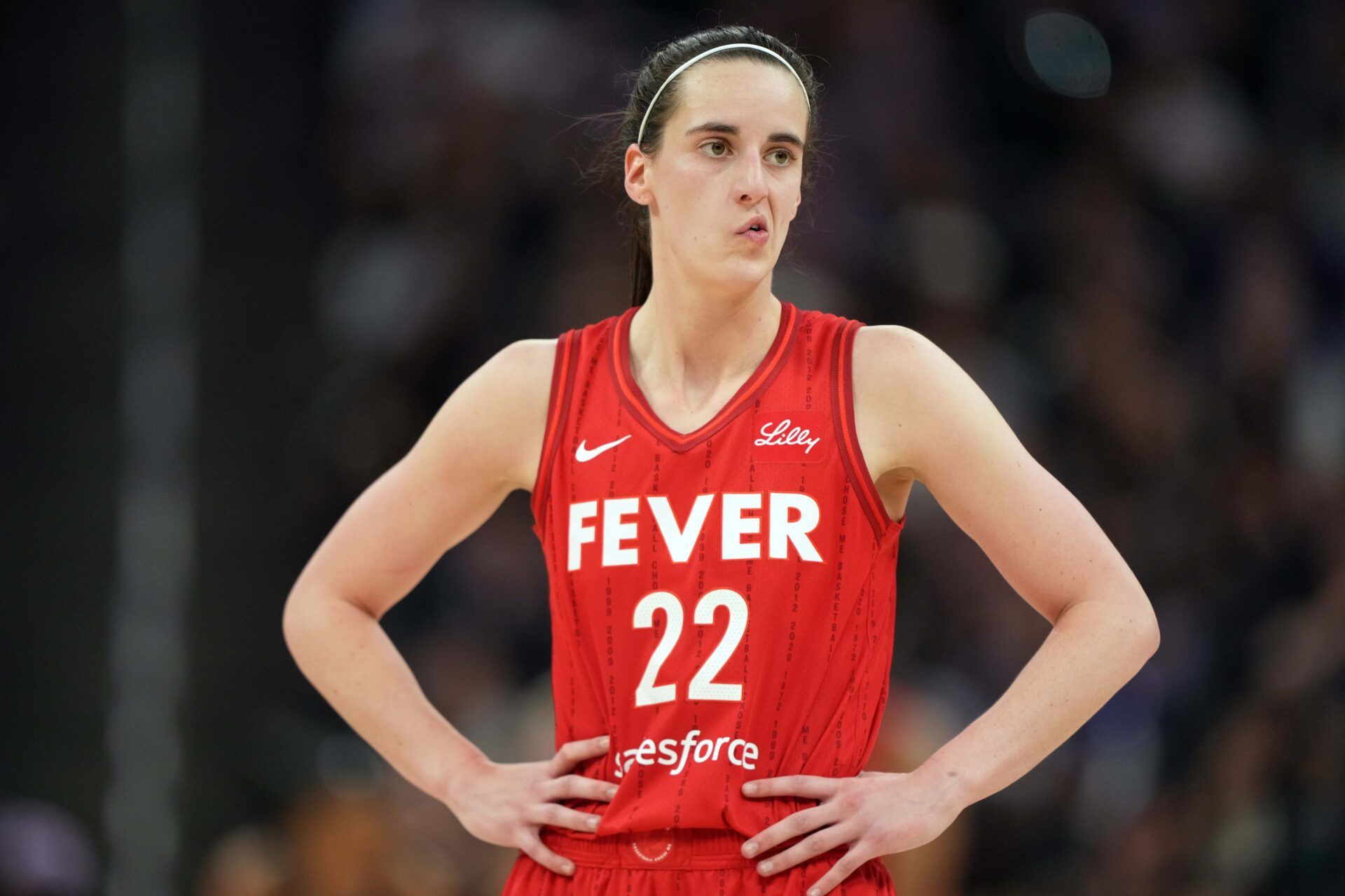 Indiana Fever guard Caitlin Clark (22) reacts during the fourth quarter against the Golden State Valkyries at Chase Center.